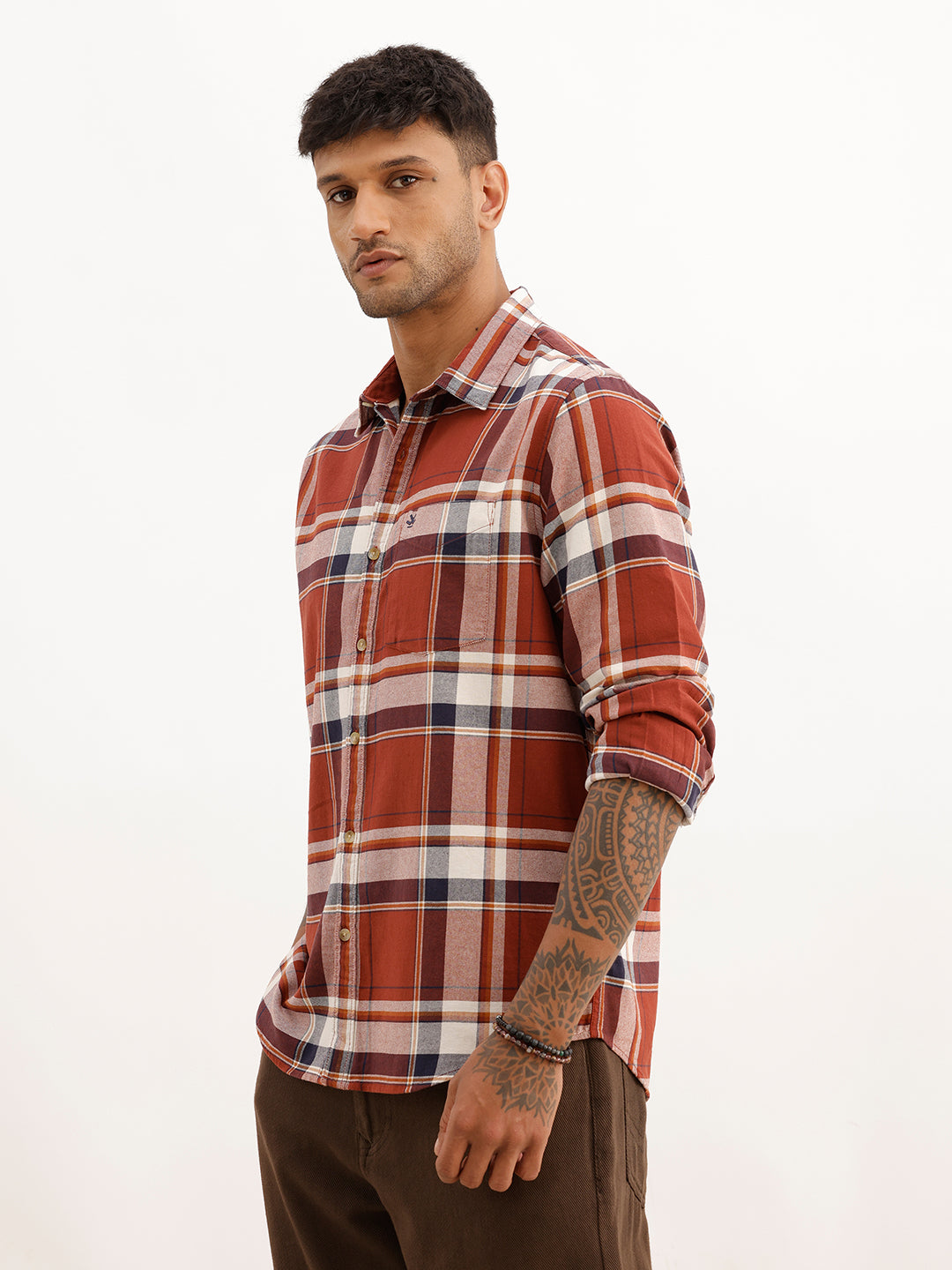 Regular Fit Full Sleeve Checkered Shirt | Brown