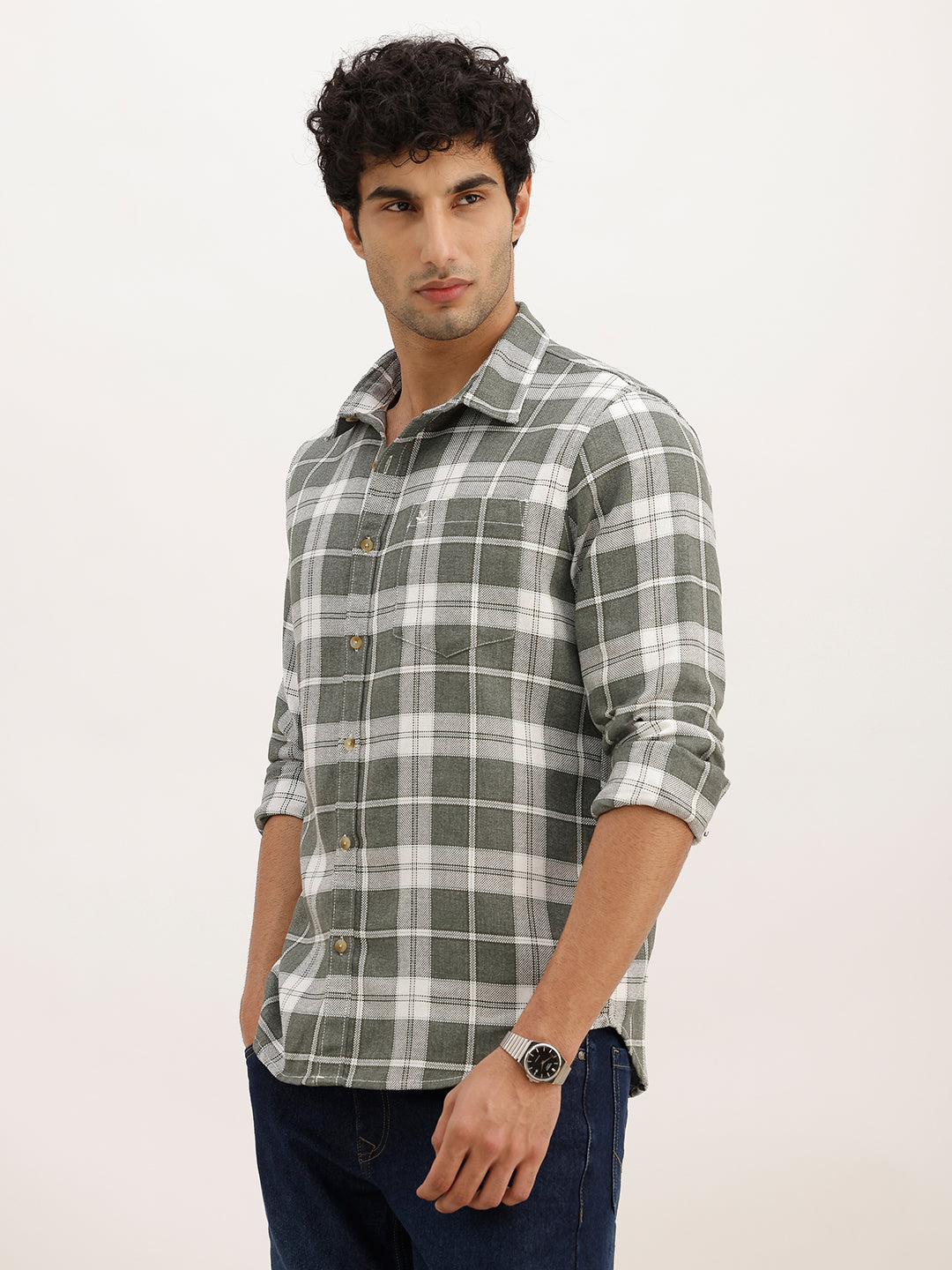 Slim Fit Checkered Full Sleeve Shirt | White
