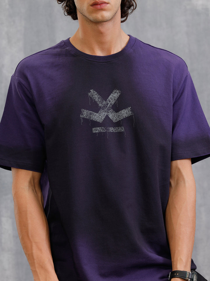 Smokey Pigment Spray With Grunge Logo Print Oversized Crew Neck T-Shirt | Purple