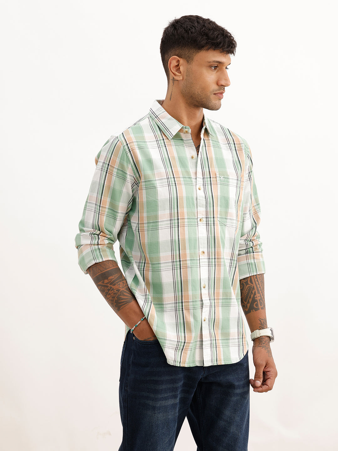 Regular Fit Checkered Full Sleeve Shirt | Green