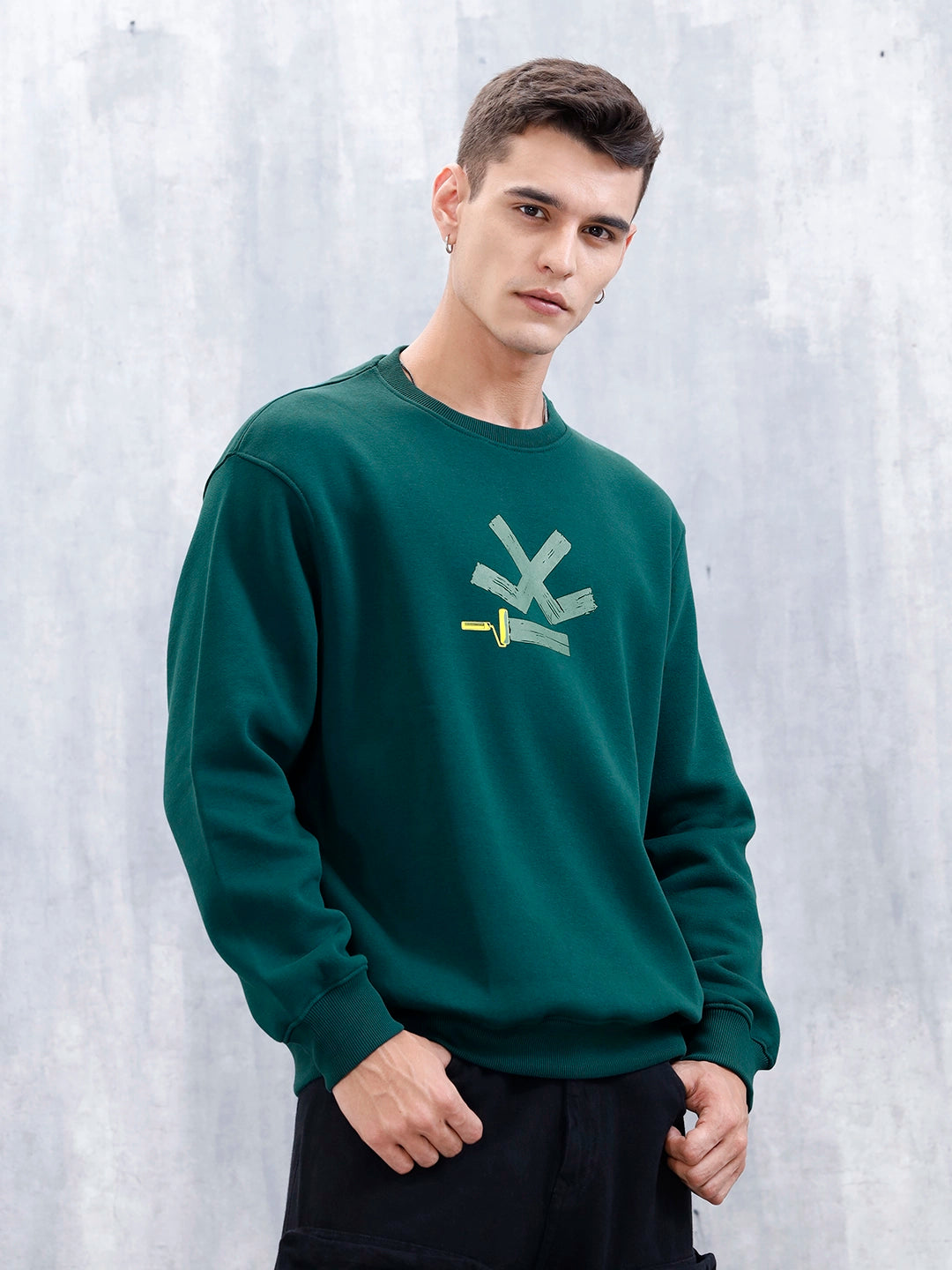 Wrogn Comfort Fit Graphic Sweatshirt For Men | Dark Green