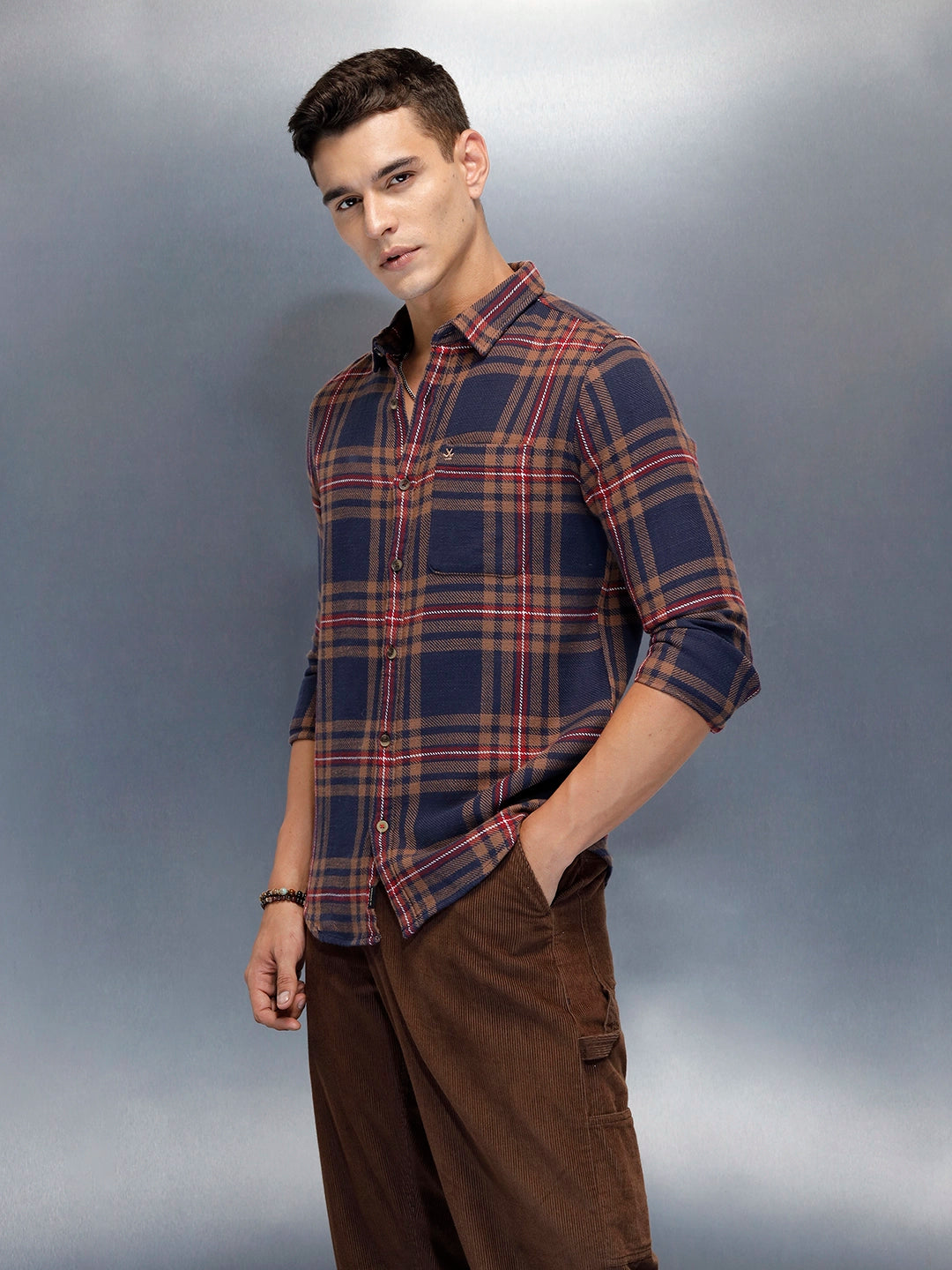 Men's Casual Slim Fit Checkered Pattern Shirt | Navy Blue