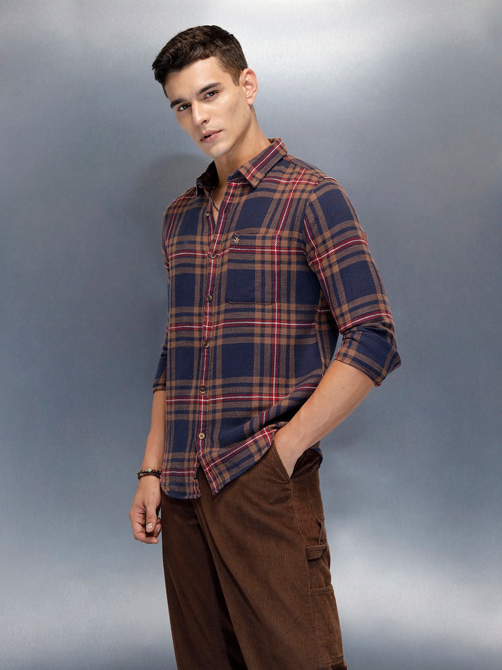 Men's Casual Slim Fit Checkered Pattern Shirt | Navy Blue