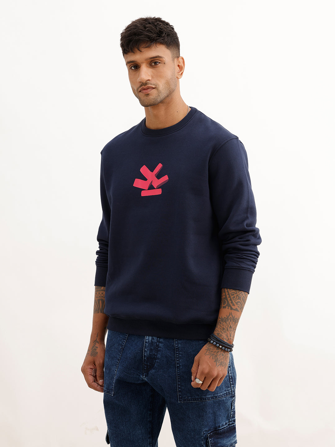 Comfort Fit Placement Printed Sweatshirt | Navy Blue