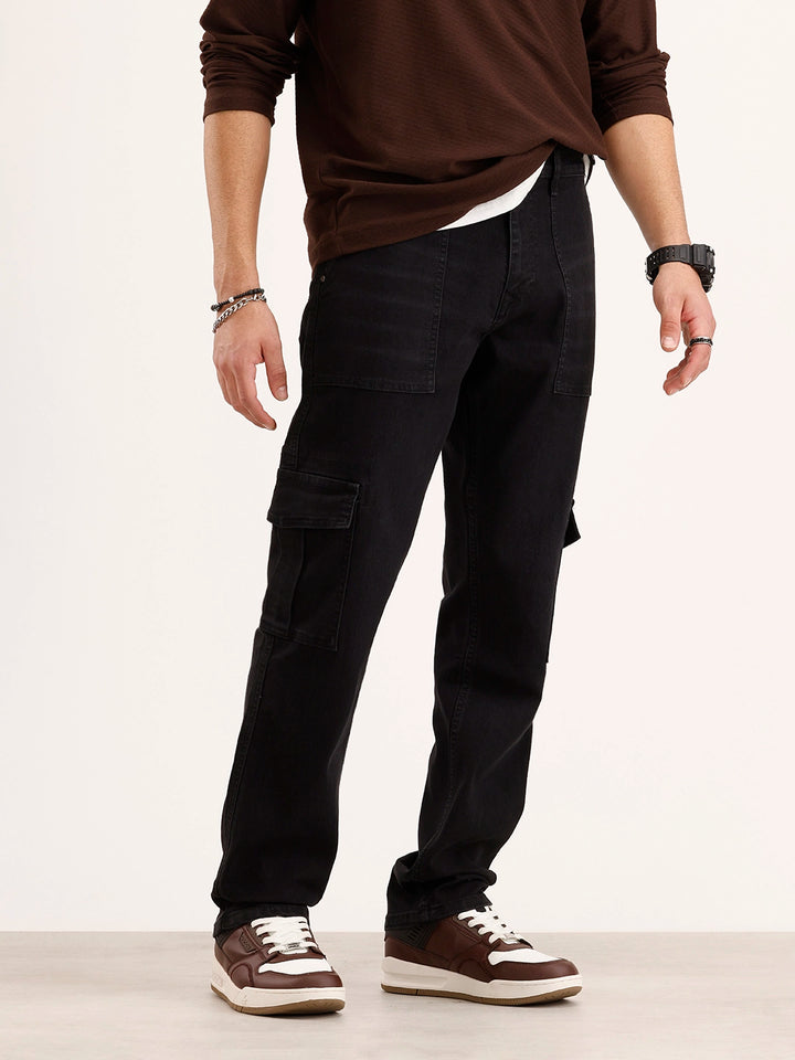 Relaxed Fit Cargo Denim Jeans | Black
