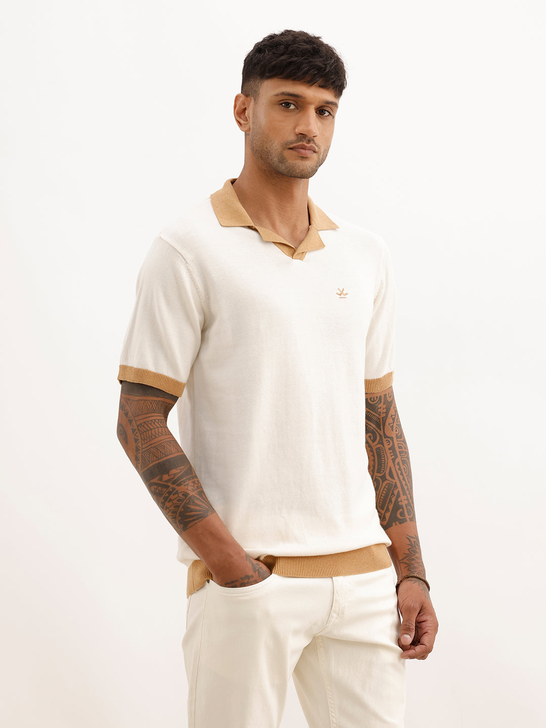 Regular Fit Contrast Collar Polo T-Shirt | Beige