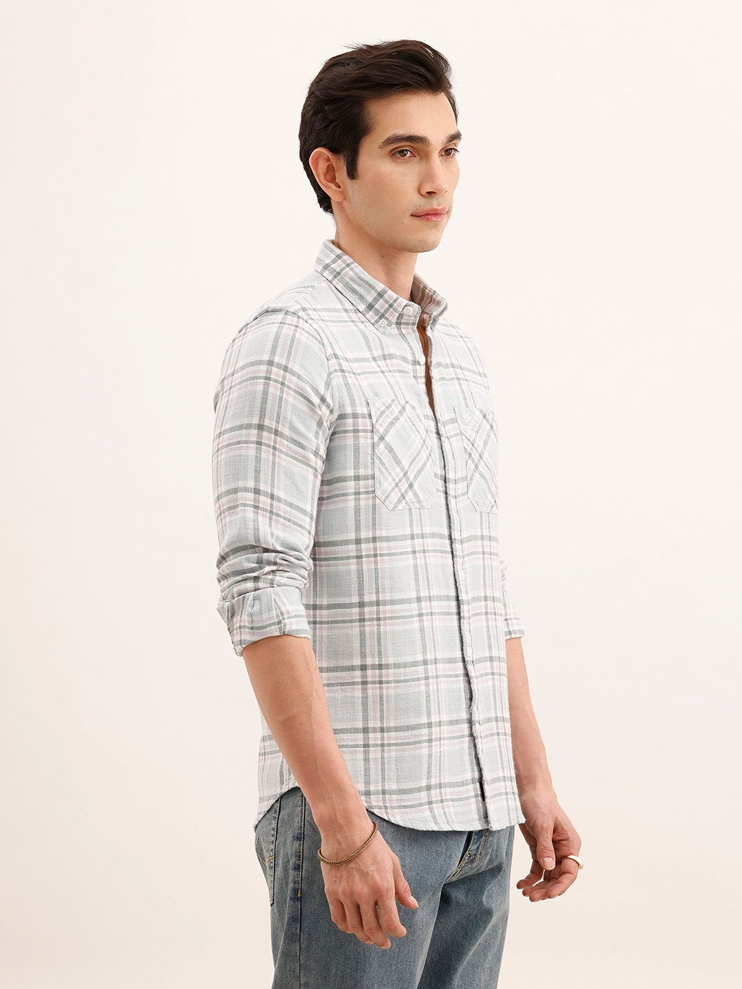 Regular Fit Checkered Double Pocket Shirt | Light Blue