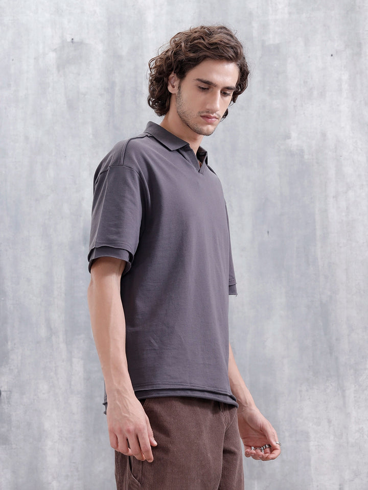 Men Oversized Fit Casual Johnny Collar T-shirt | Dark Grey