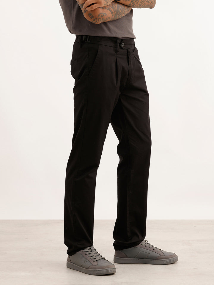 Solid Slim Fit Pleated Trouser | Black