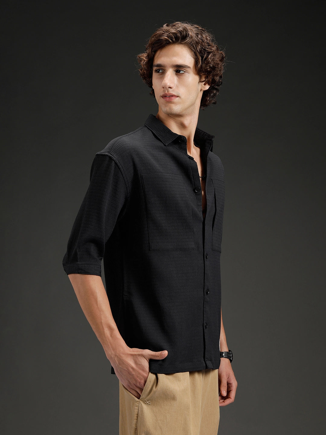 Wrogn Textured Button-Down Casual Shirt | Black