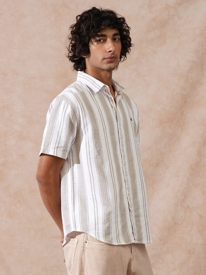 Textured Stripes Comfort Fit Shirt | Khaki