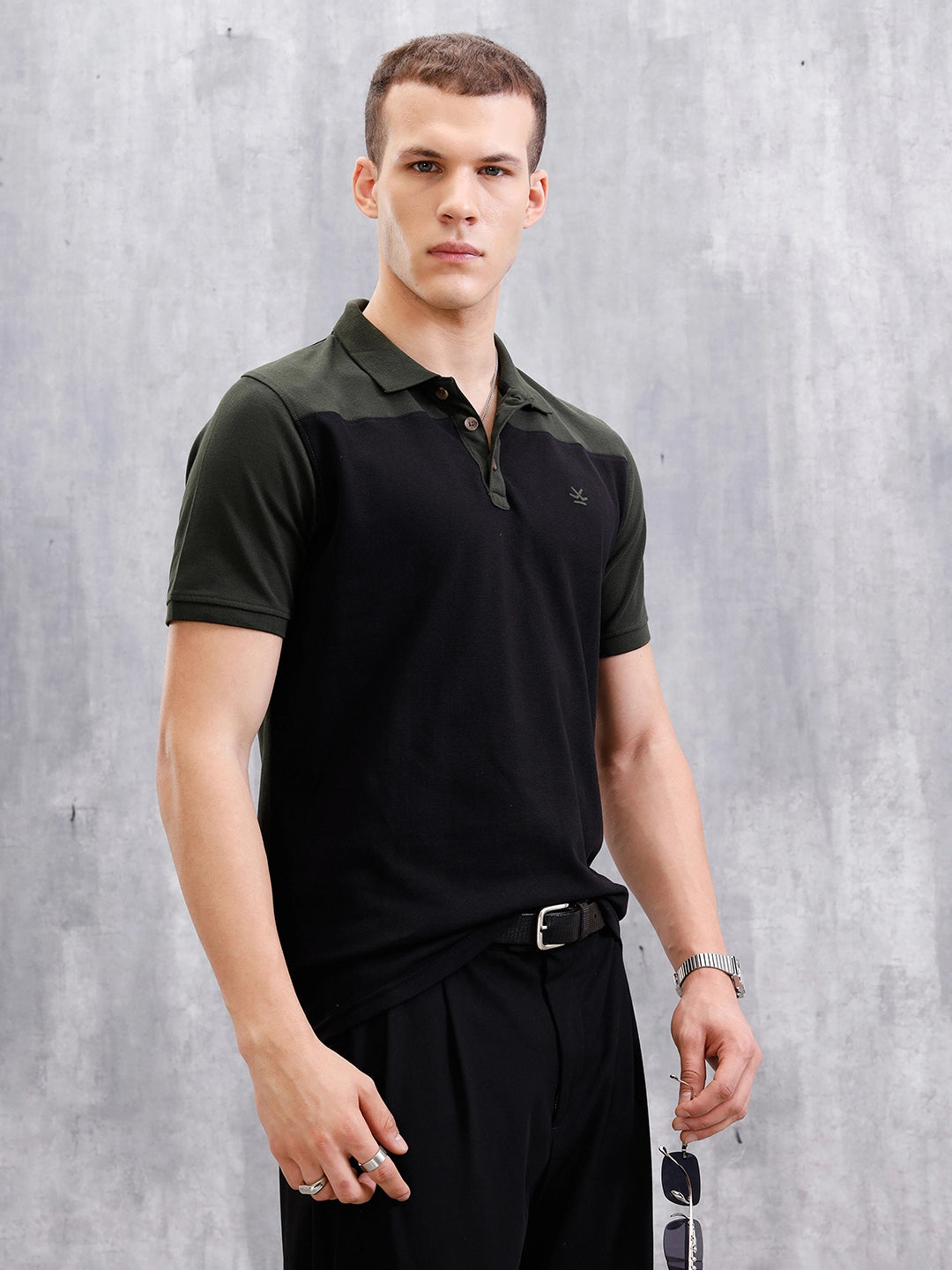 Cut & Sew Slim Fit Polo | Black/Olive