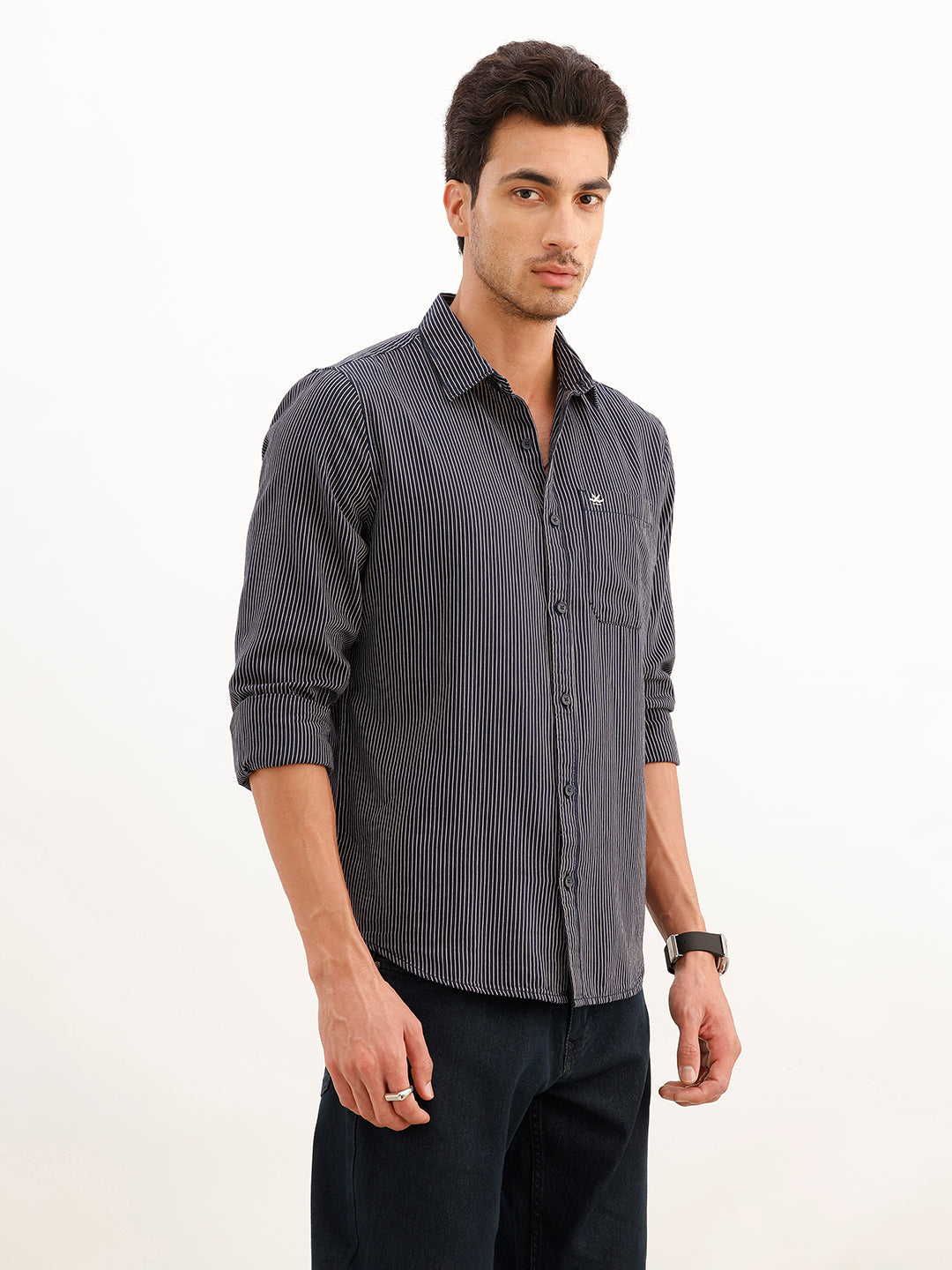 Regular Fit Full Sleeve Striped Shirt | Navy Blue