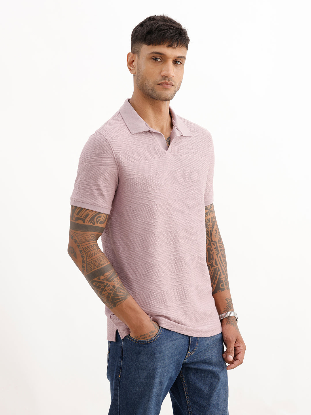 Solid Slim Fit Textured Polo T-Shirt | Pink