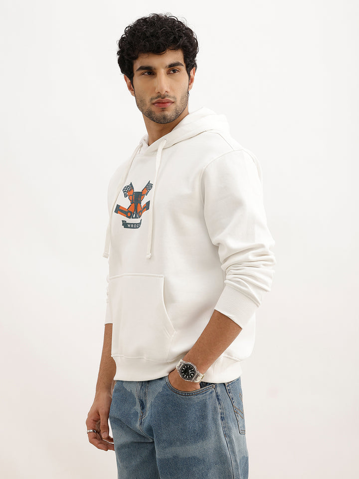 Comfort Fit Placement Printed Hooded Sweatshirt | Off White