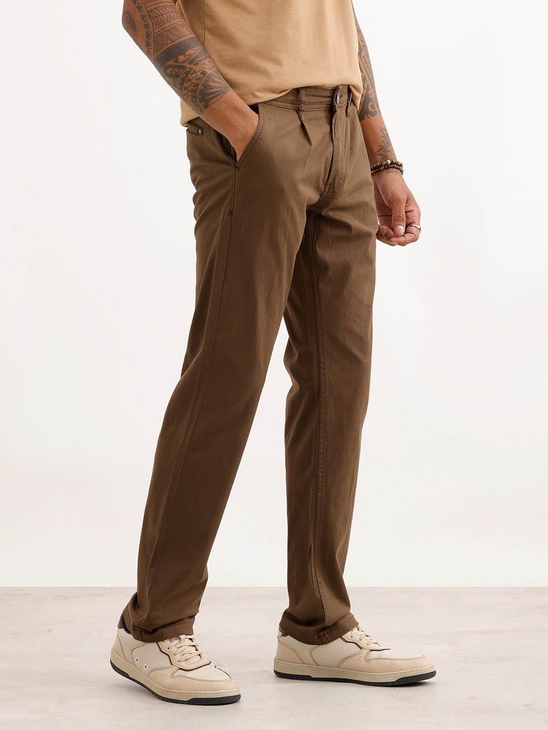 Solid Straight Fit Pleated Trouser | Olive