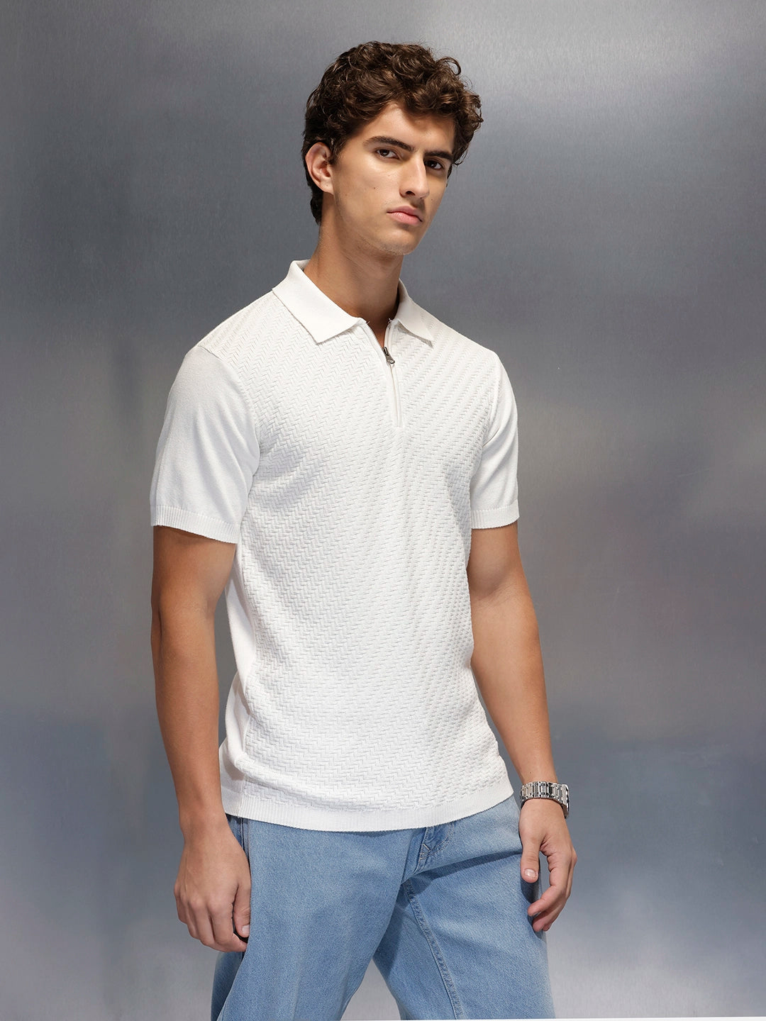 Men's Textured Zip- Up Polo T-Shirt  |  White