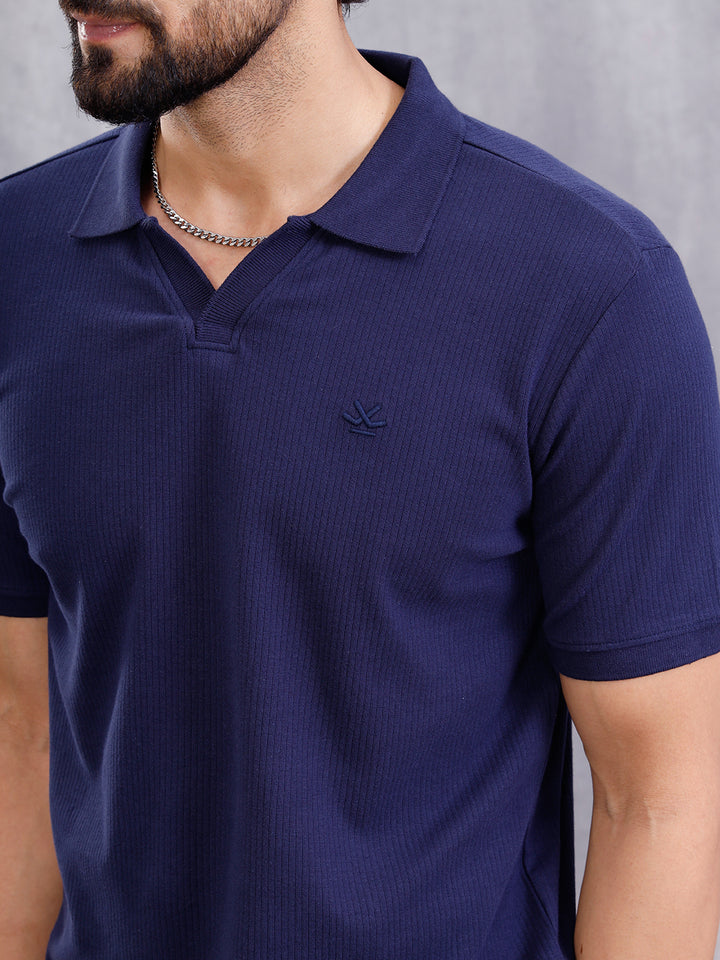 Solid Textured Slim Fit Polo T-Shirt  | Navy Blue