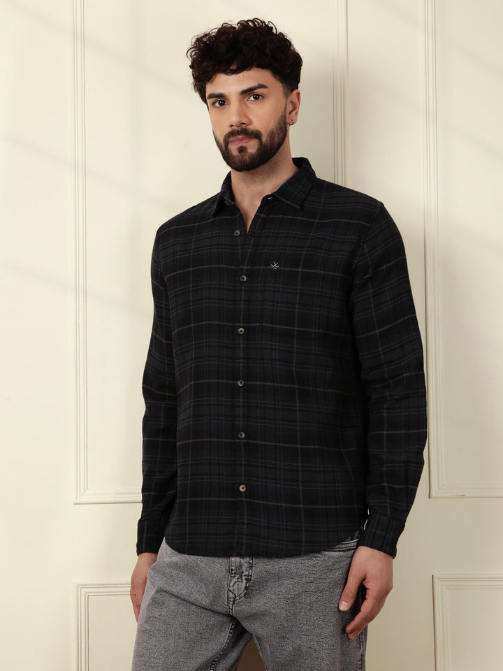 Textured Tonal Check Shirt | Navy Blue