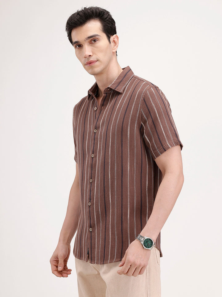 Slim Fit Textured Striped Shirt | Brown