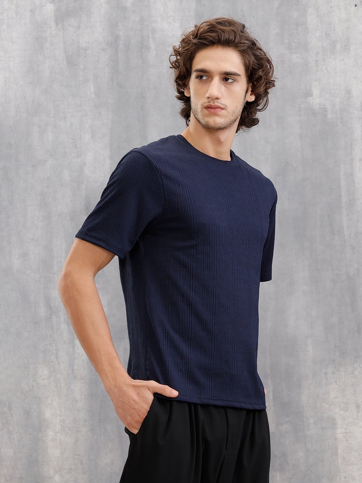 Honeycomb Textured Knit Crew Neck Pullover In Oversized Fit | Navy Blue