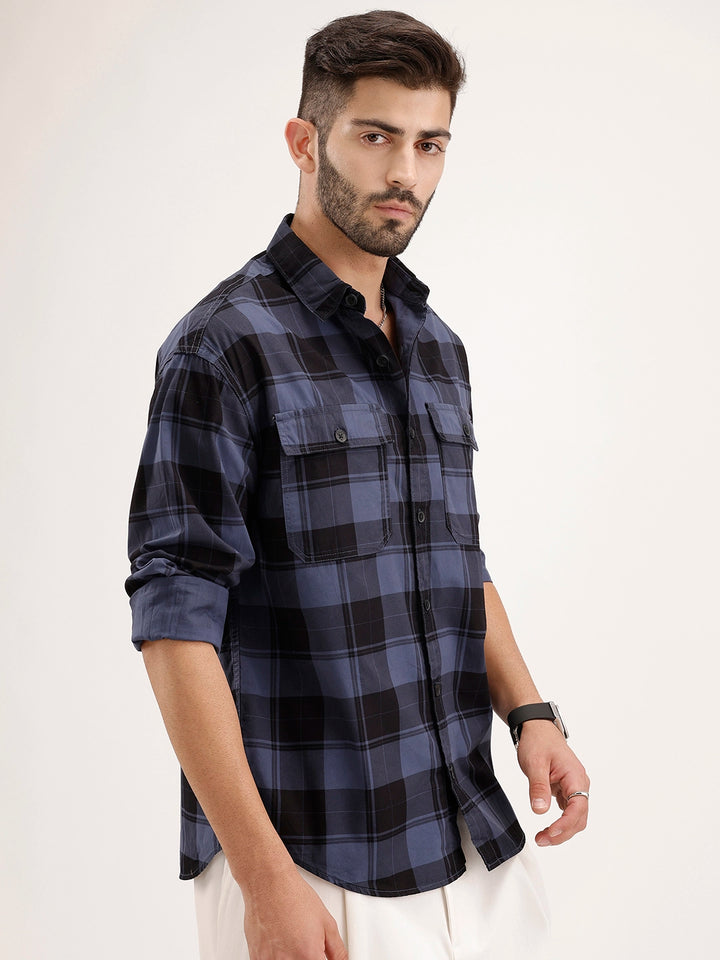 Oversized Checkered Double Pocket Shirt | Blue