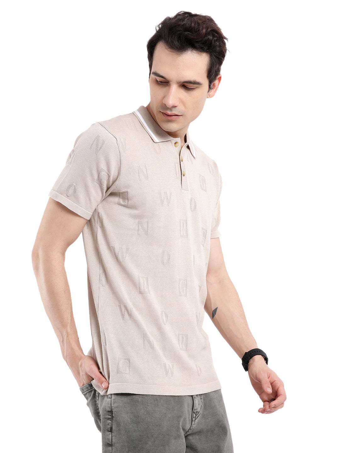 Beige Jacquard Knit Polo T-Shirt