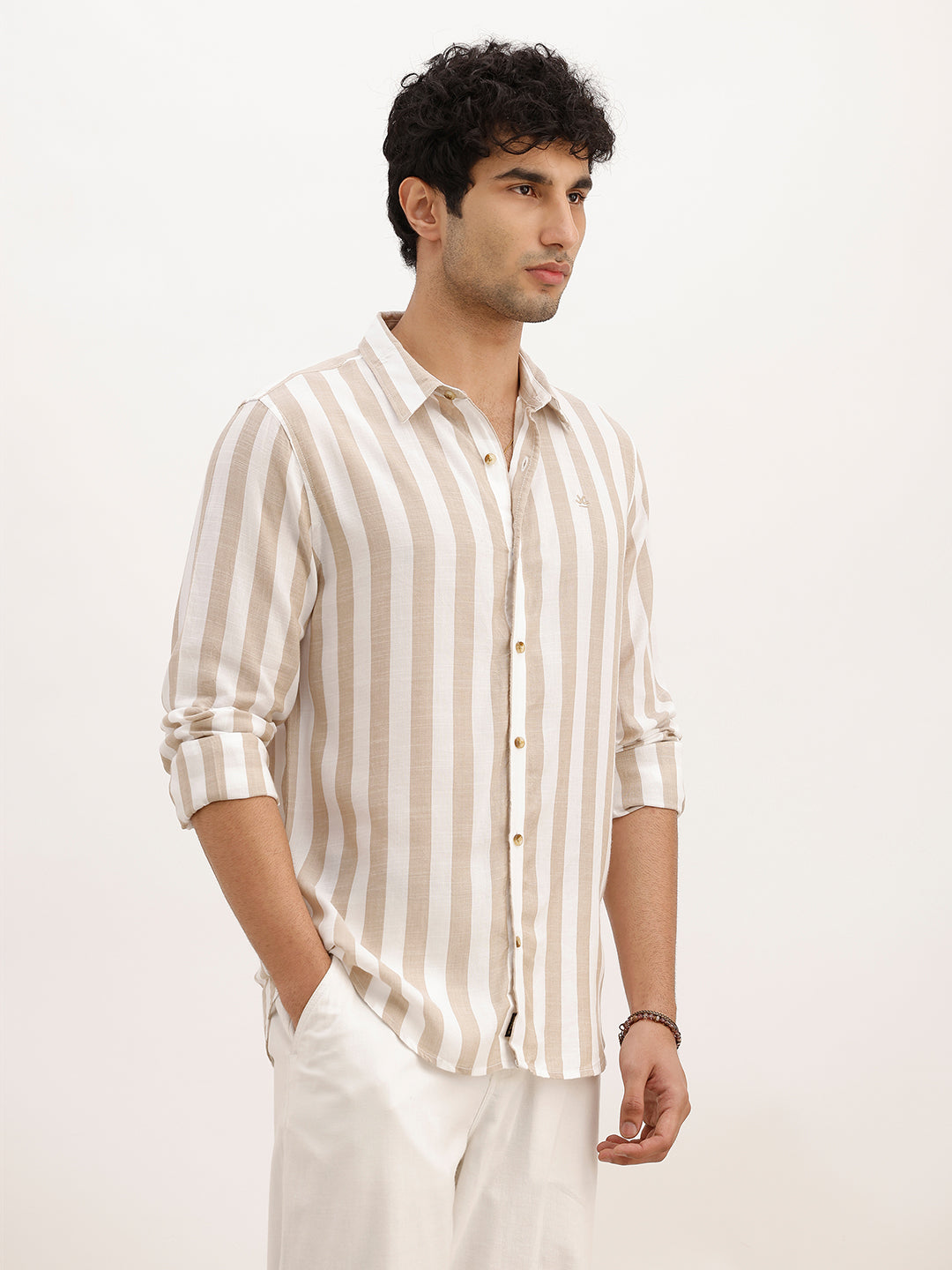 Slim Fit Striped Full Sleeve Shirt | Beige