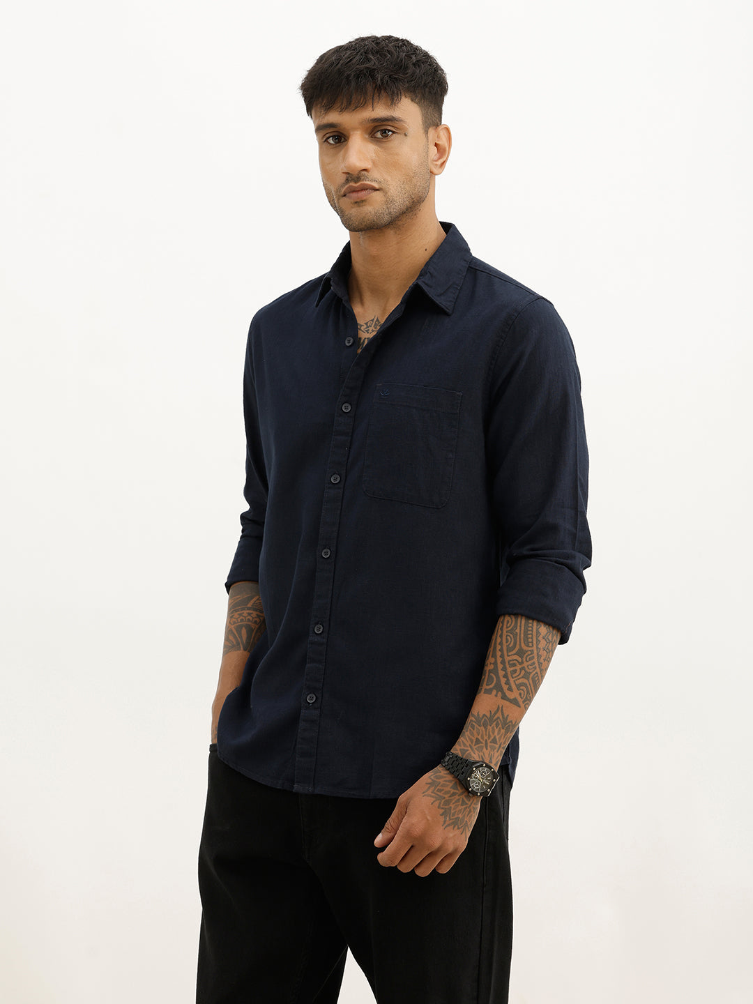 Solid Slim Fit Full Sleeve Shirt | Navy Blue