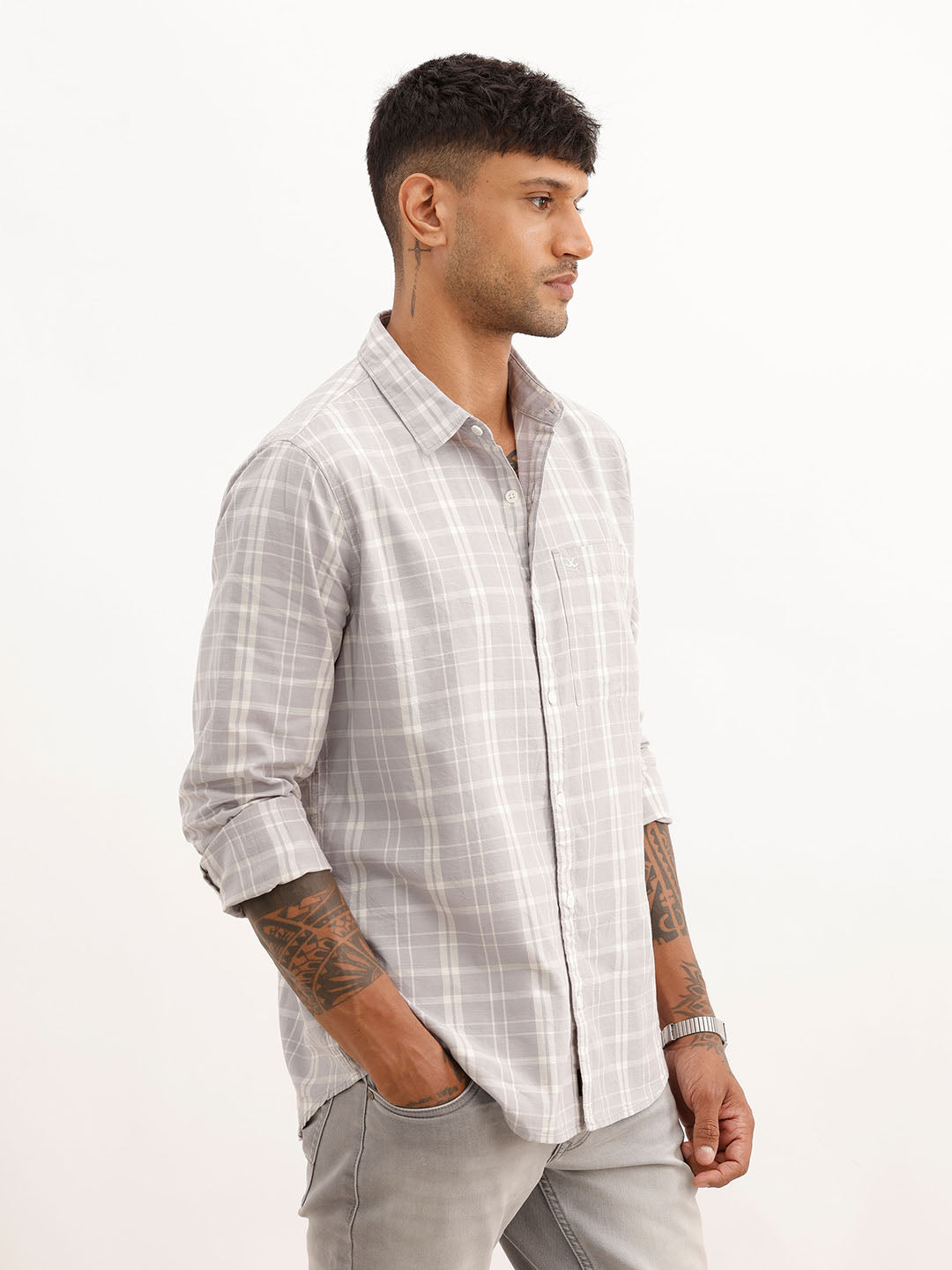 Slim Fit Checkered Full Sleeve Shirt | Grey