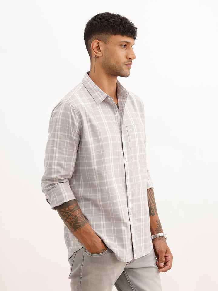 Slim Fit Checkered Full Sleeve Shirt | Grey