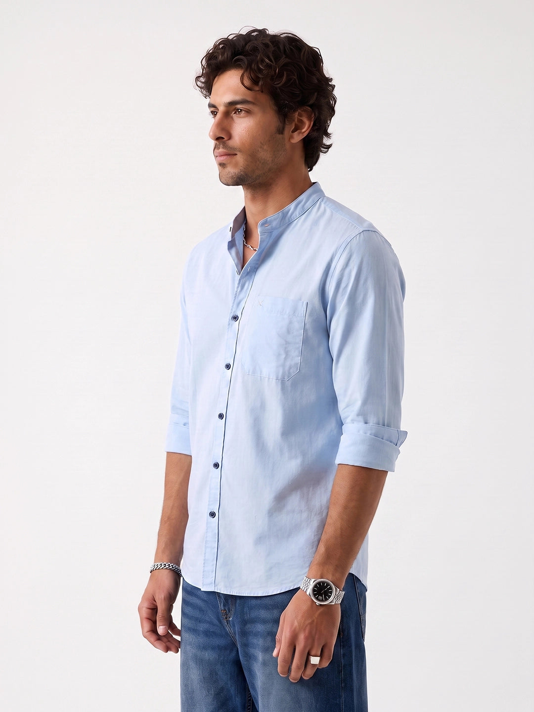 Solid Slim Fit Mandrin Collar Shirt | Blue