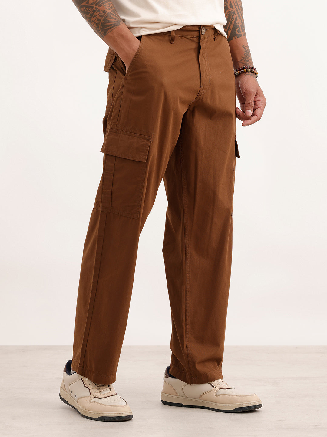 Solid Straight Fit Cargo Trousers | Brown | WVTR4005F