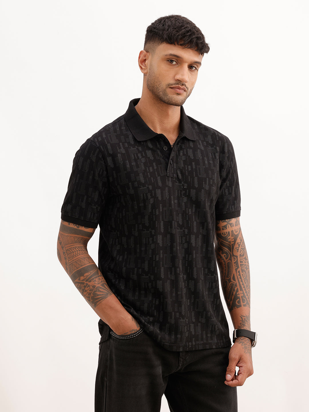 Slim Fit AOP Polo T-Shirt | Black