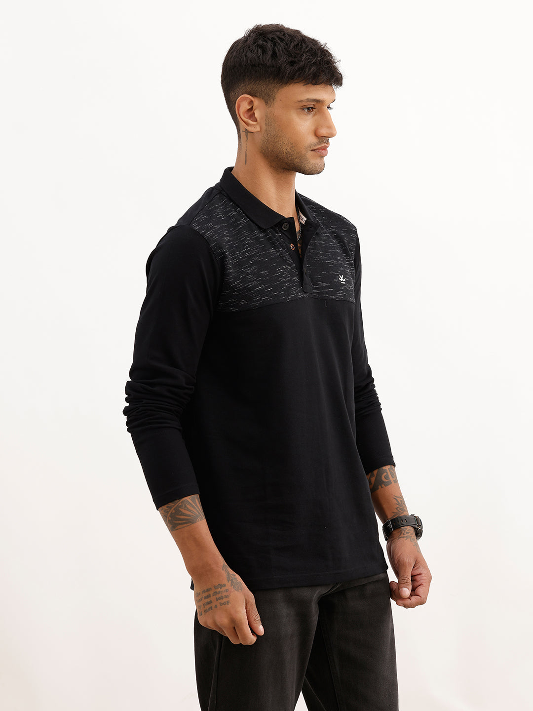 Slim Fit Full Sleeve Placement Printed Polo T-Shirt | Black