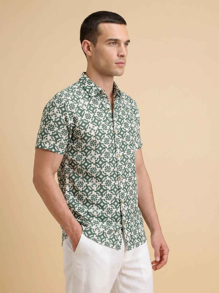 Slim Fit AOP Half Sleeve Shirt | Dark Green