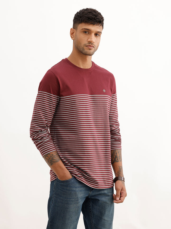 Slim Fit Striped Full Sleeve T-Shirt | Maroon