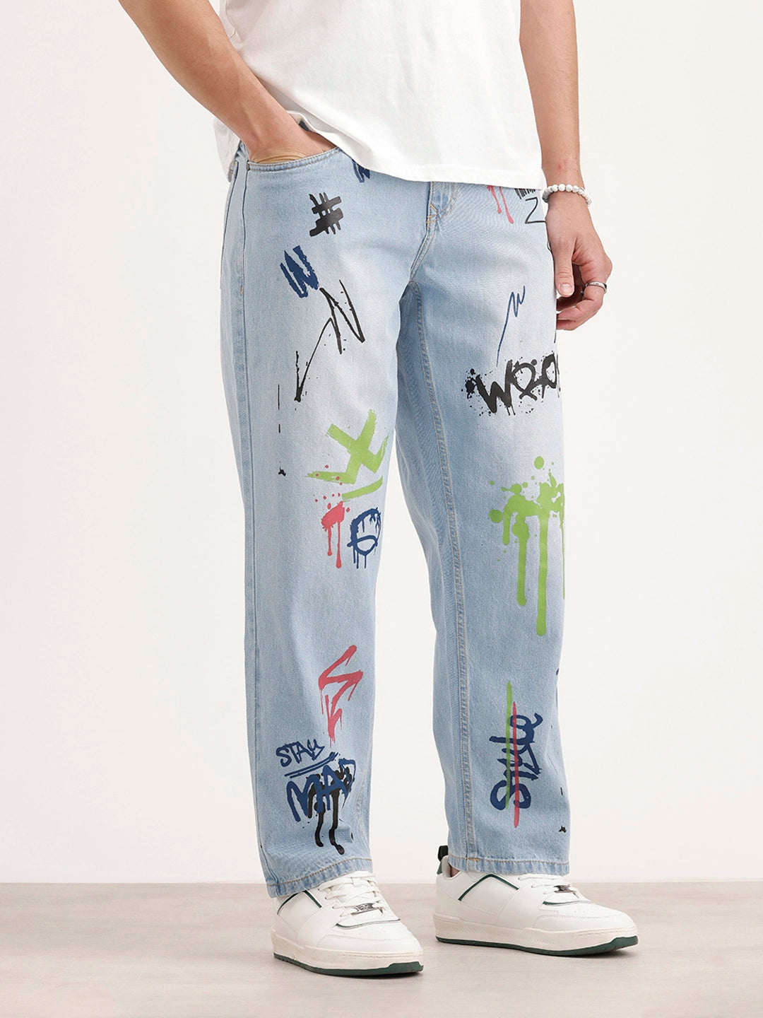 Loose Fit Placement Printed Denim Jeans | Light Blue