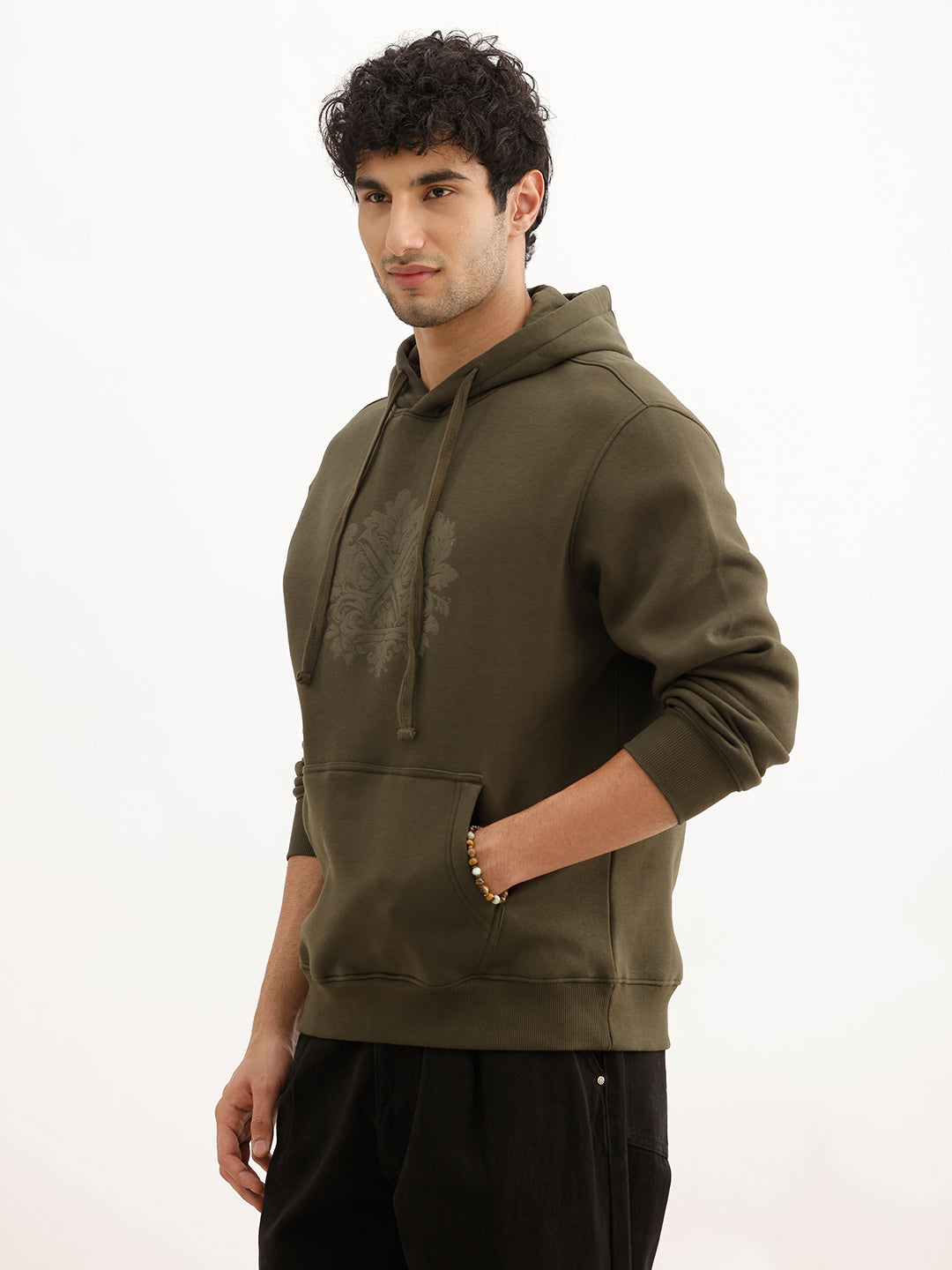 Solid Comfort Fit Flock Printed Hooded Sweatshirt | Olive