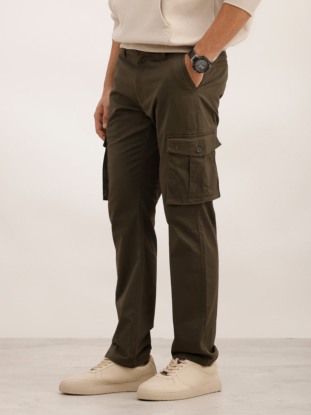 Classic Solid Straight Fit Cargo Trouser | Olive