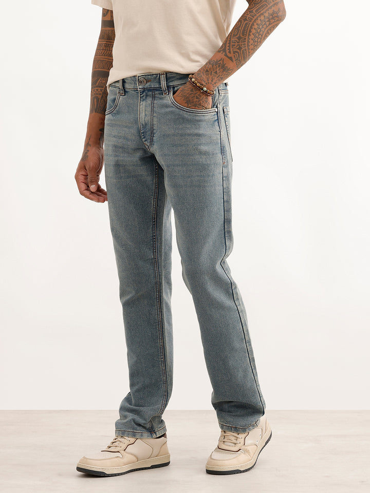 Washed Straight Fit Denim Jeans | Light Blue