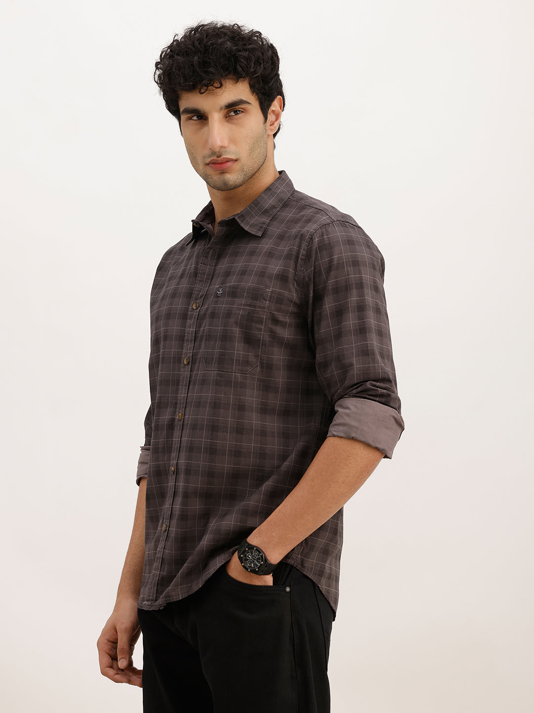 Slim Fit Checkered Full Sleeve Shirt | Dark Grey