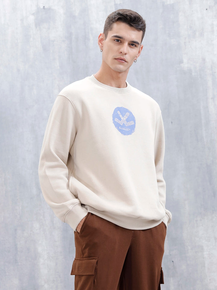 Wrogn Comfort Fit Graphic Sweatshirt For Men | Beige