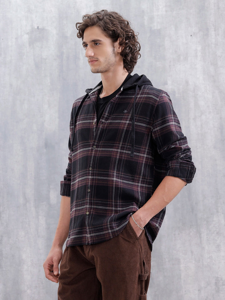Brushed Flannel Hooded Slim Fit Check Shirt | Black