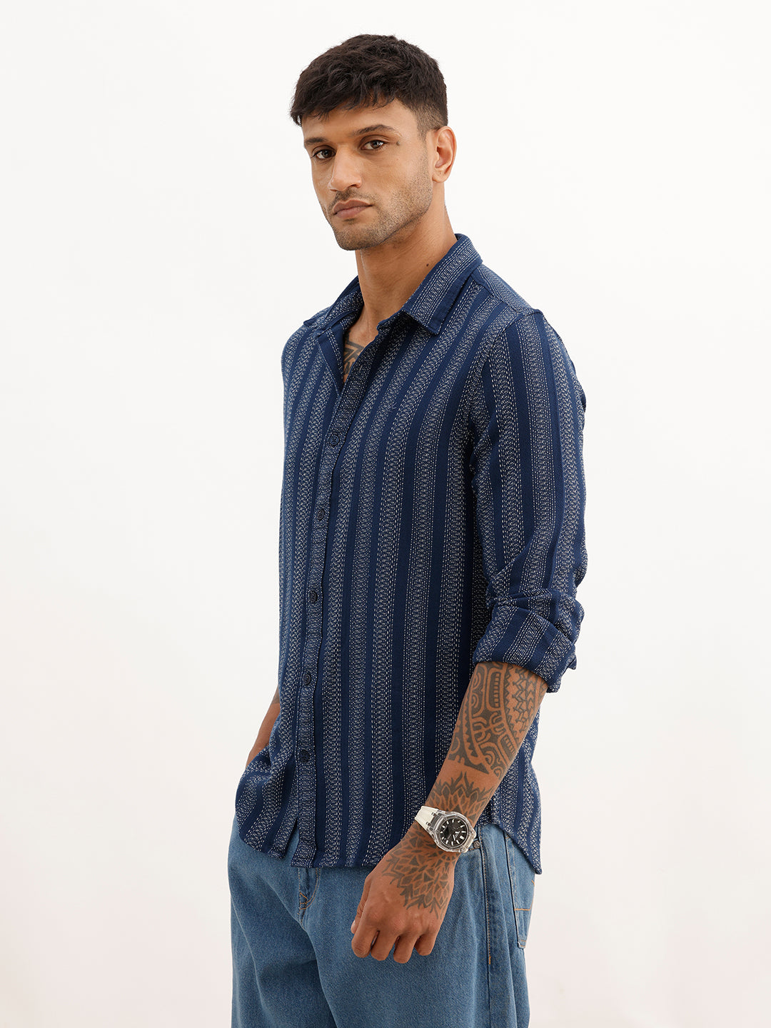 Slim Fit Striped Full Sleeve Shirt | Navy Blue