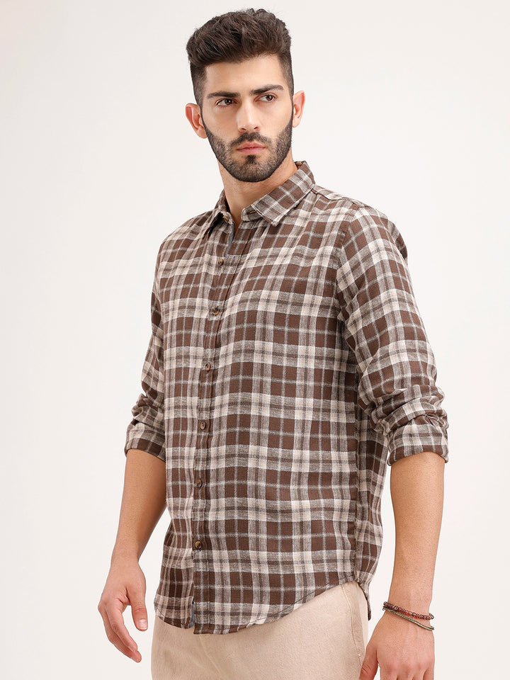 Slim Fit Linen Blend Herringbone Checkered Shirt | Brown