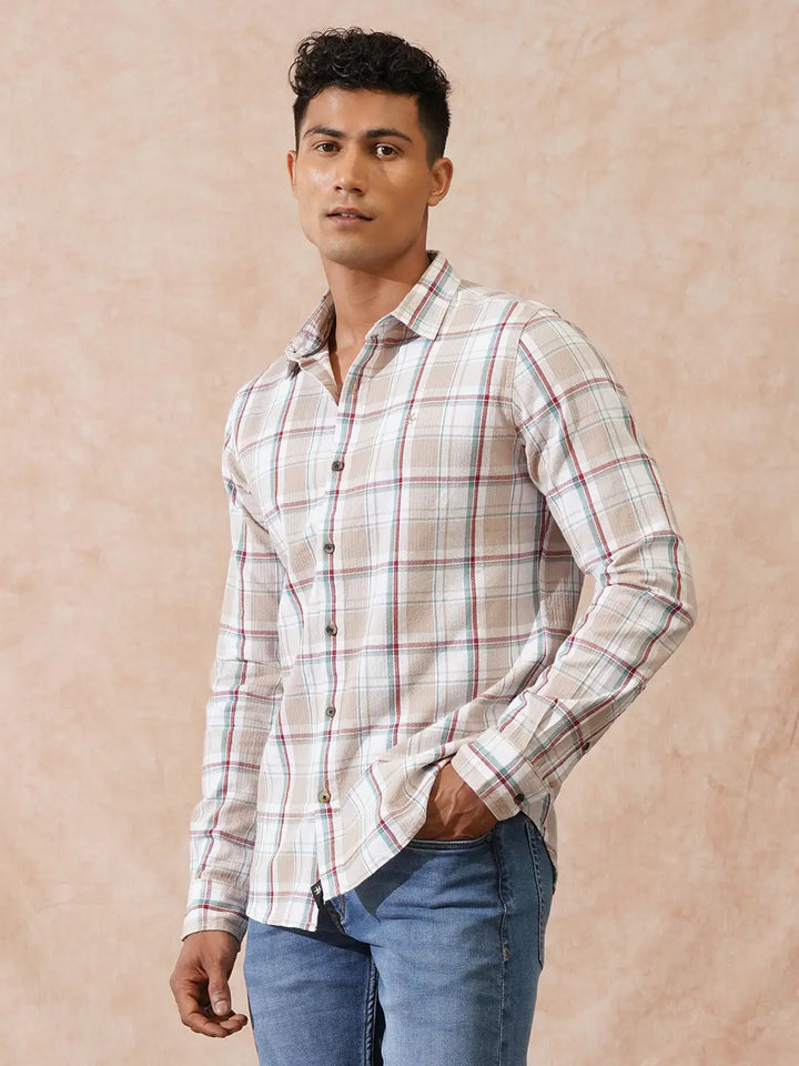 Textured Checks Slim Fit Shirt | Light Brown