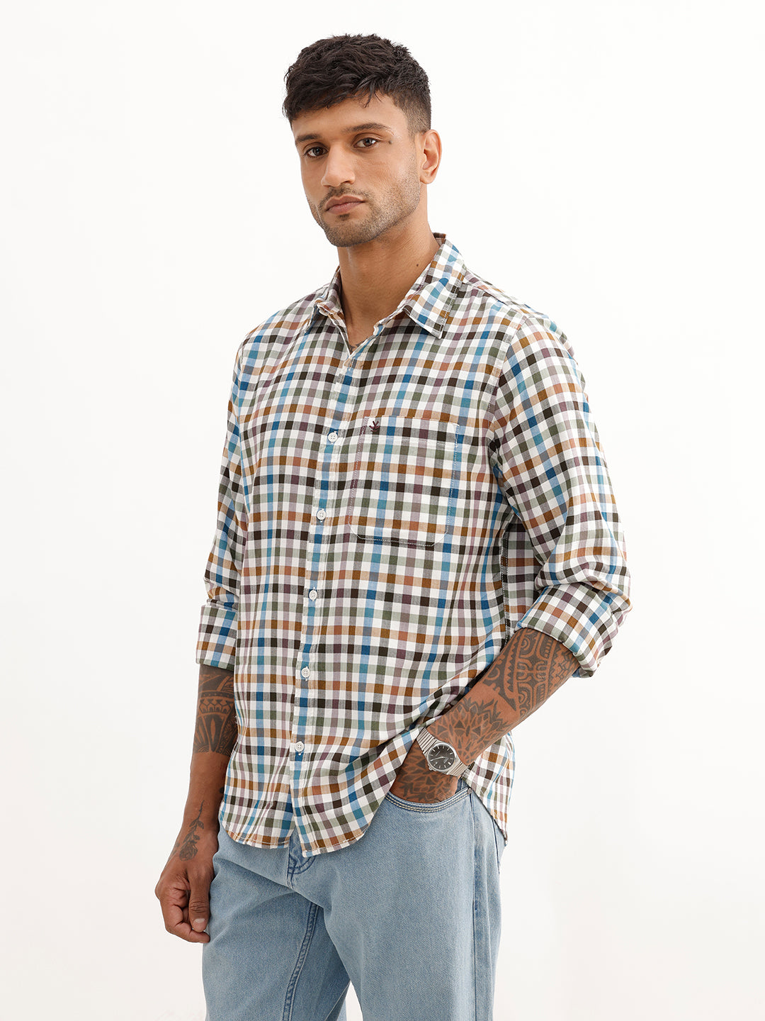 Regular Fit Full Sleeve Checkered Shirt | White