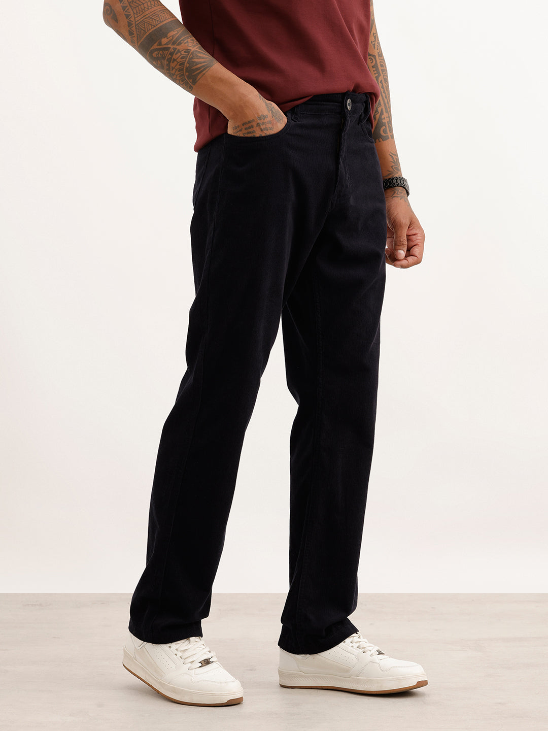 Solid Straight Fit Corduroy Trousers | Navy Blue
