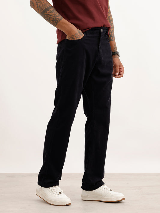 Solid Straight Fit Corduroy Trousers | Navy Blue